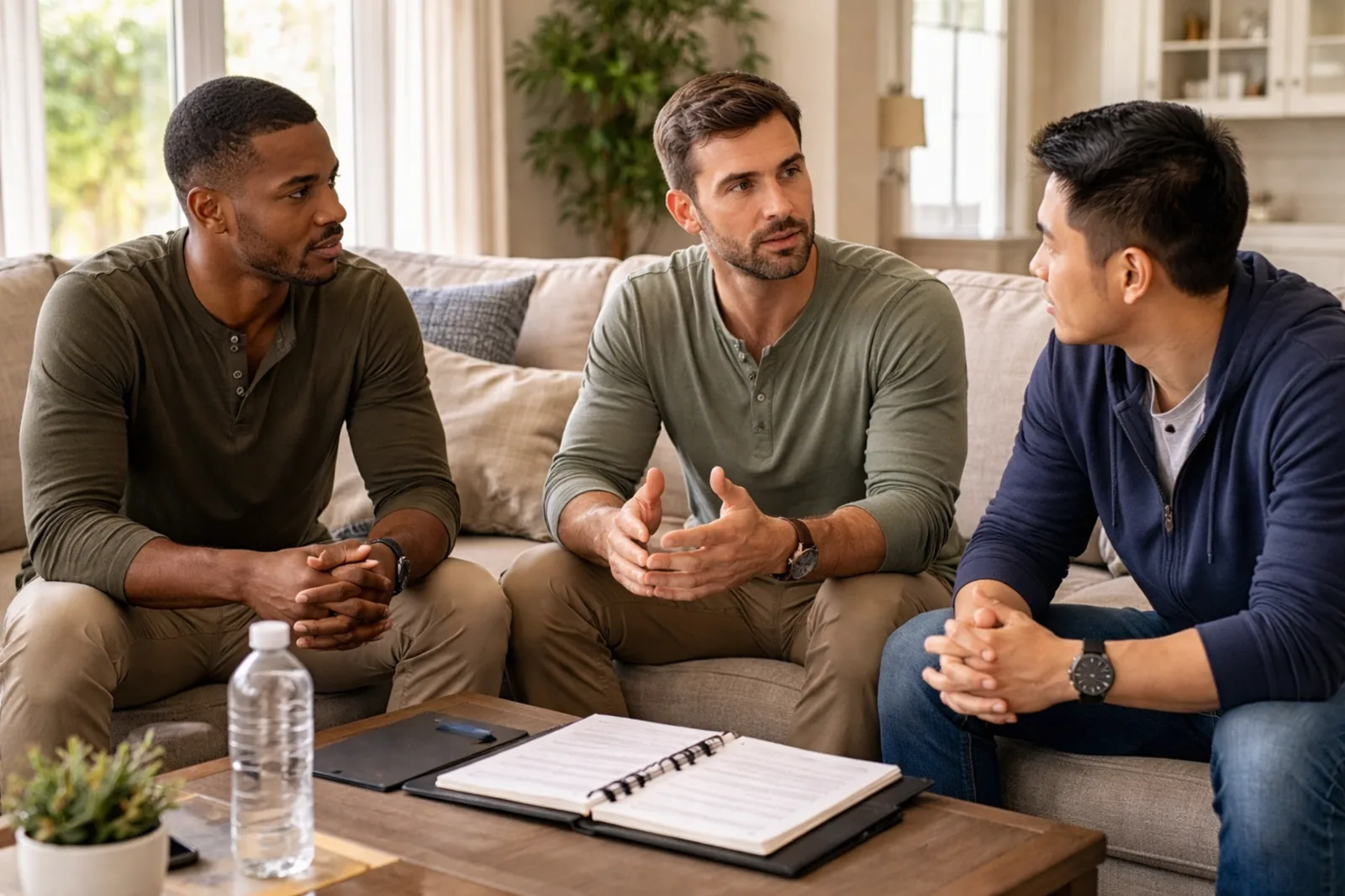 Three residents in a serious but respectful accountability conversation inside a sober living home.